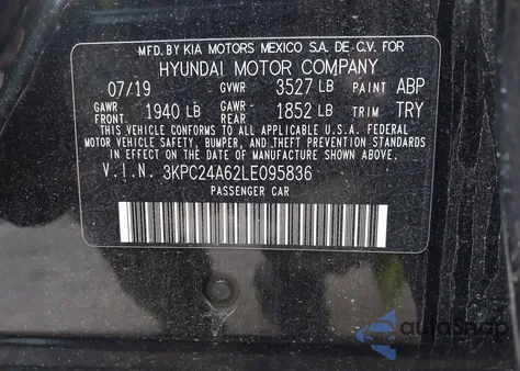 2020 Hyundai Accent Se/Sel z USA, uszkodzony, nr VIN 3KPC24A62LE095836